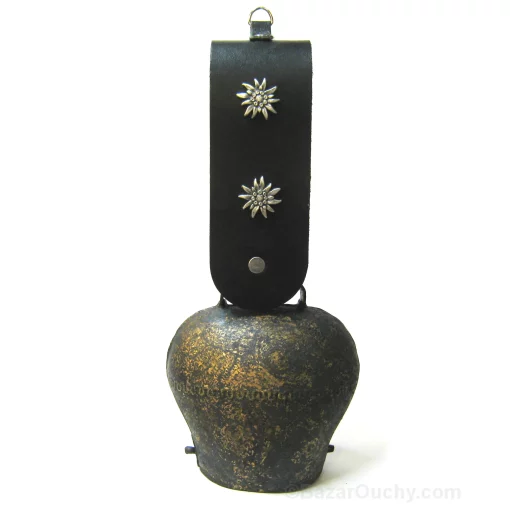 Cloche de vache suisse - Vieille - Antique - Courroie Edelweiss