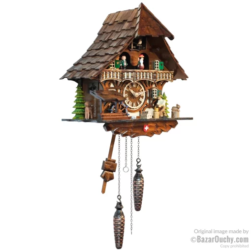Coucou suisse chalet horloge avec danseurs, bucheron et roue