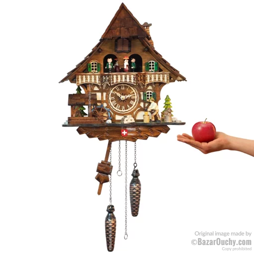Coucou suisse chalet horloge avec danseurs, bucheron et roue