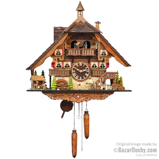 Coucou type chalet suisse horloge avec danseurs et roue