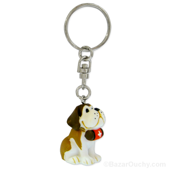 PORTE CLEF : FIGURINE CHIEN SAINT BERNARD EN FEUTRINE + COLLIER VERT