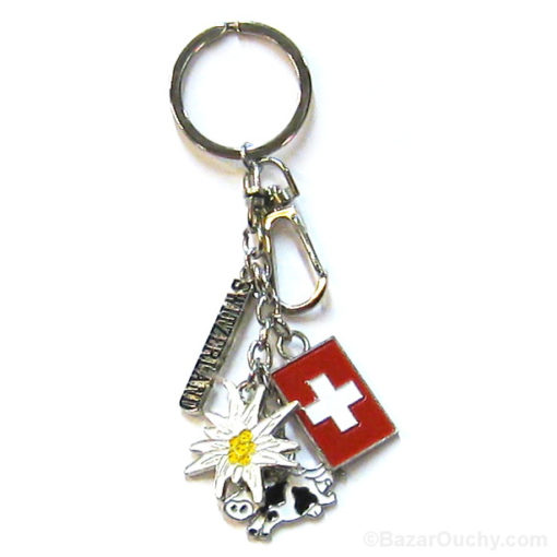 Schlüsselanhänger mit Schweizer Kreuz Edelweiss-Kuhanhänger