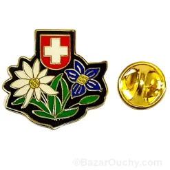Alfiler de flor suiza - genciana Edelweiss y bandera suiza