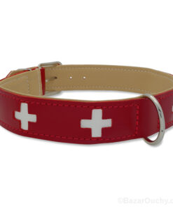 Collier chien croix suisse cuir rouge