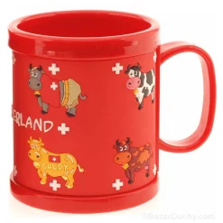 Tasse avec vaches suisses en plastique rouge