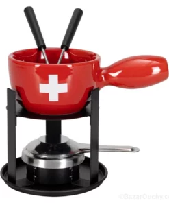 Petit caquelon à fondue rouge croix suisse