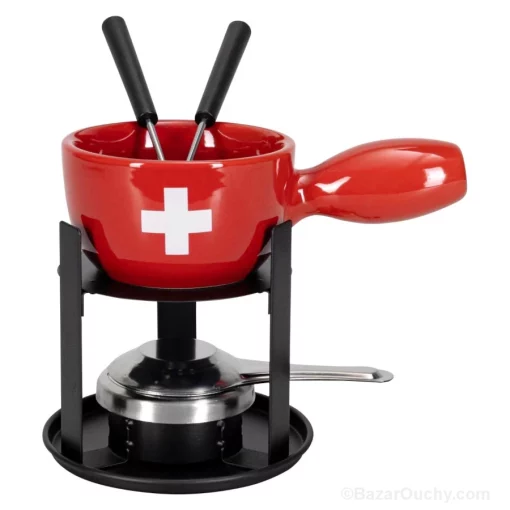 Petit caquelon à fondue rouge croix suisse