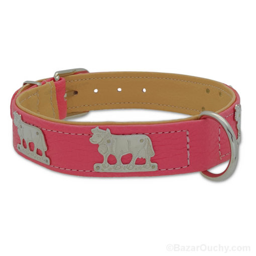 Hundehalsband rosa Lederkuh in Metall