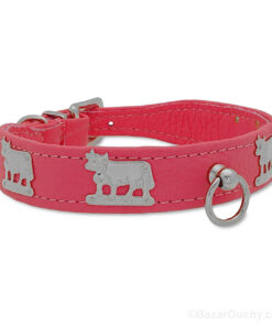 Collier chien cuir rose vache en métal