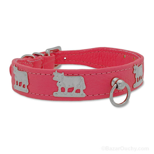 Collier chien cuir rose vache en métal