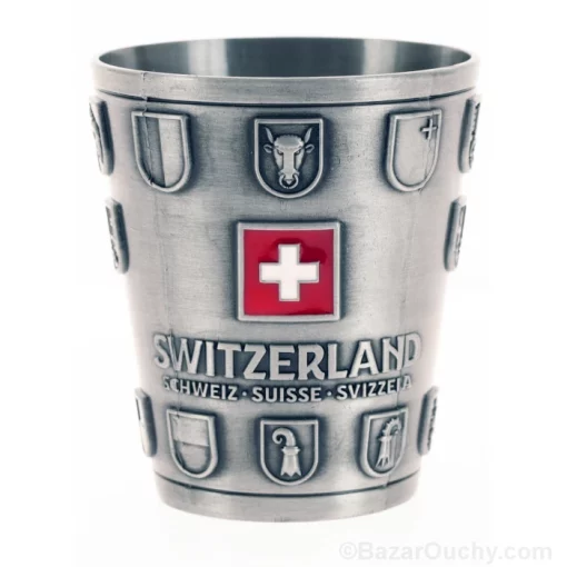 Bicchiere da shot in metallo con croce svizzera e stemmi