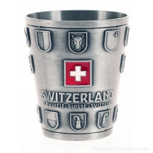 Vaso de chupito de metal con cruz suiza y escudos.