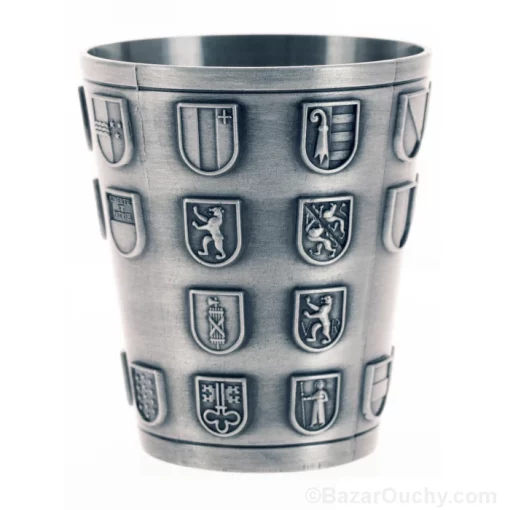 Schnapsglas aus Metall mit Schweizer Kreuz und Wappen