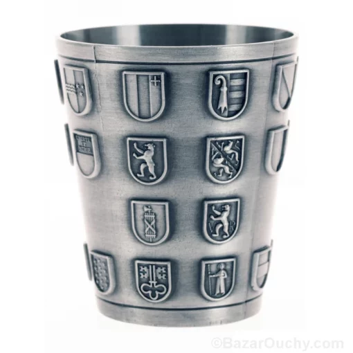 Vaso de chupito de metal con cruz suiza y escudos.