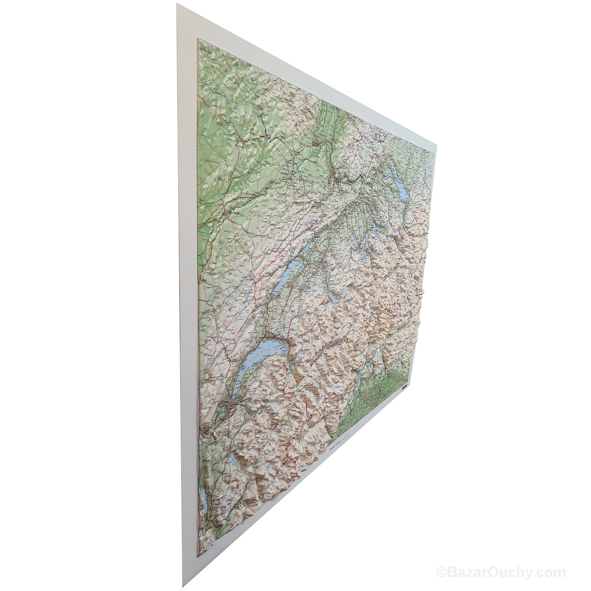 3D Carte Du Relief Suisse avec Cadre en Aluminium Format Paysage 77x57cm 