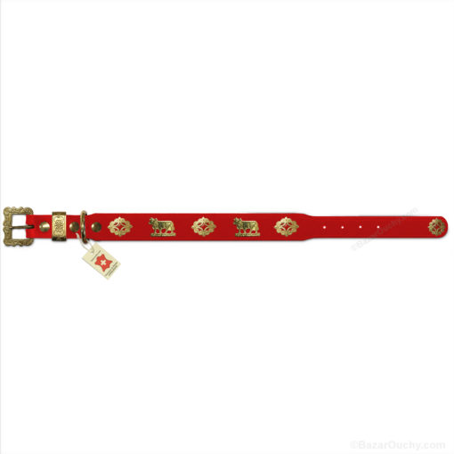 Red leather dog collar with metal cow