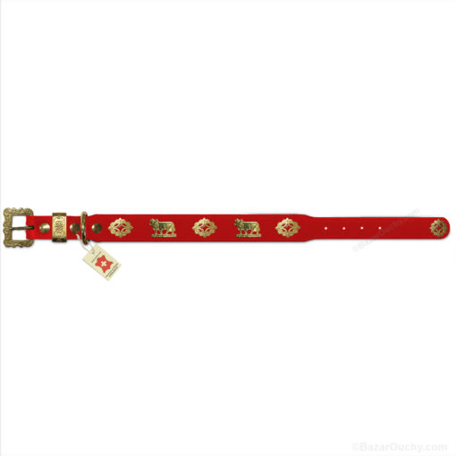 Collier chien cuir rouge avec vache en métal