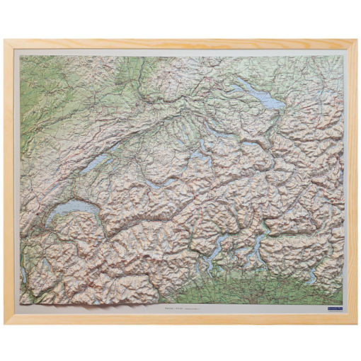 Carte suisse en relief 3D - Cadre bois naturel