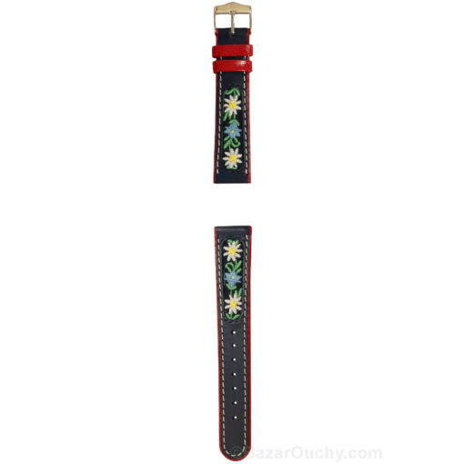 Bracelet montre fleur suisse brodé folklorique - Noir rouge - Long