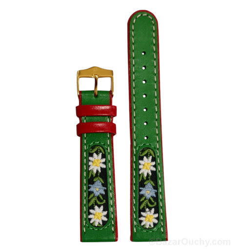 Bracelet montre fleur suisse brodé folklorique - Vert rouge