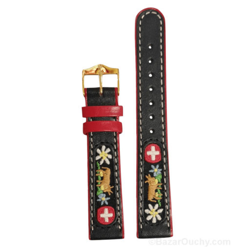 Volksgesticktes Schweizer Uhrenarmband mit Kuhblume - Schwarz Rot__