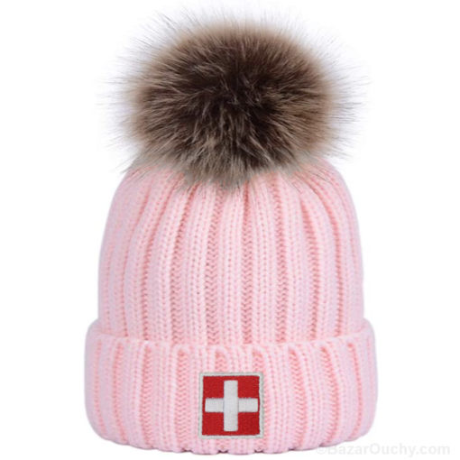 Bonnet croix suisse avec pompon - Rose