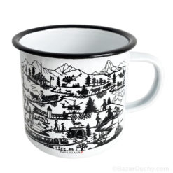 Taza de metal blanco con decoupage de poya suiza