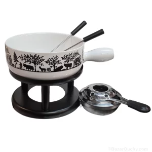 Olla para fondue de poya decoupage blanca y negra - Detalle