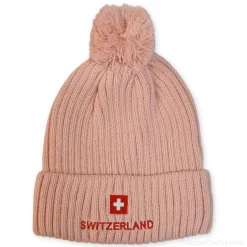 Bonnet croix suisse avec pompon - Rose