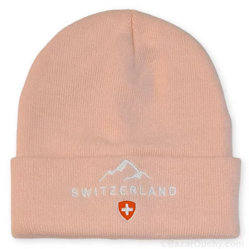 Bonnet croix suisse et montagne - Rose