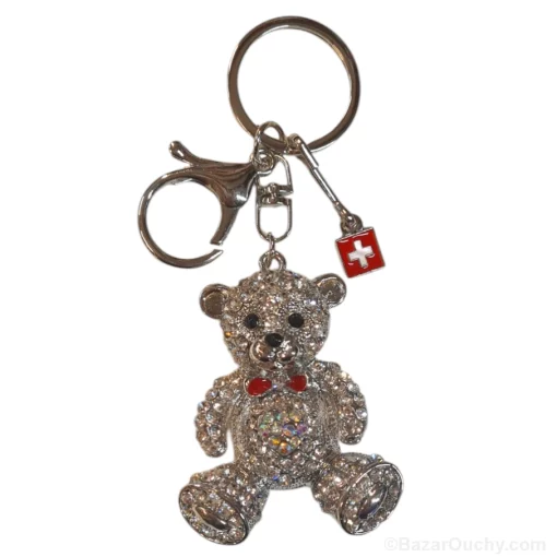 Porte-clé sac ours strass croix suisse