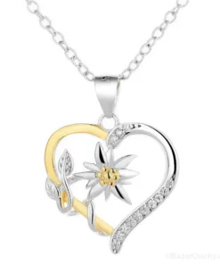 Collier argent edelweiss dans coeur - Bicolor