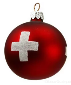 Boule de noel rouge croix suisse en verre