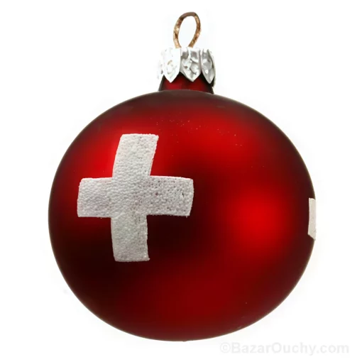 Boule de noel rouge croix suisse en verre