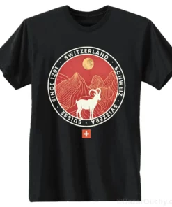 Tshirt Switzerland - Rond avec bouquetin - Fond noir