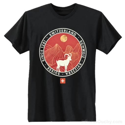 Tshirt Switzerland - Rond avec bouquetin - Fond noir