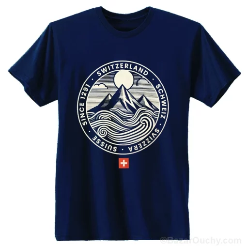 Tshirt Switzerland - Rond montagnes et vagues - Bleu marine